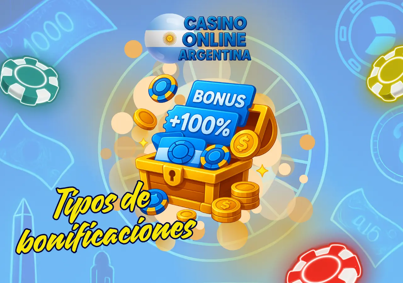 Cofre dorado con fichas y tarjeta BONUS +100% que representa los diferentes tipos de bonificaciones en Casino Online Argentina