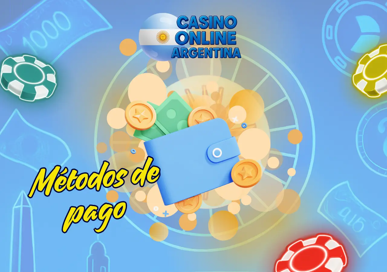Billetera azul con monedas y billetes que ilustra los métodos de pago aceptados en los casinos online de Argentina
