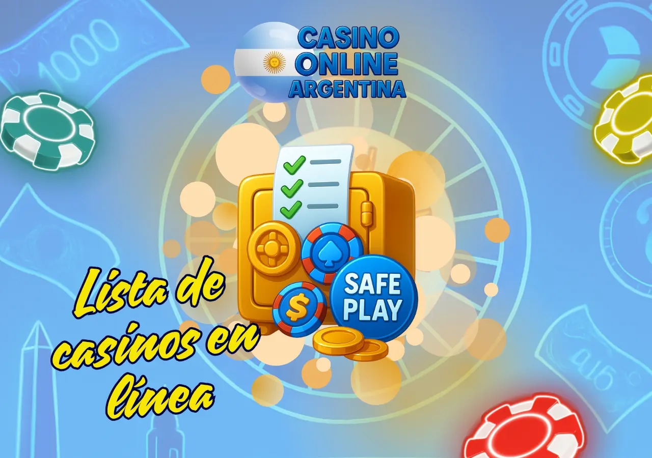 Caja fuerte dorada con lista verificada y fichas que simboliza la lista segura de casinos en línea de Argentina