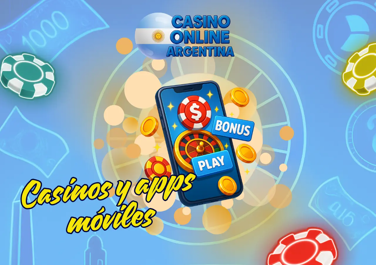 Teléfono móvil con ruleta y fichas doradas que muestra las mejores apps y casinos móviles de Argentina