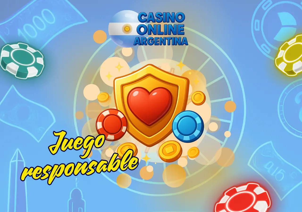 Escudo dorado con corazón rojo rodeado de fichas que promueve el juego responsable en los casinos online de Argentina