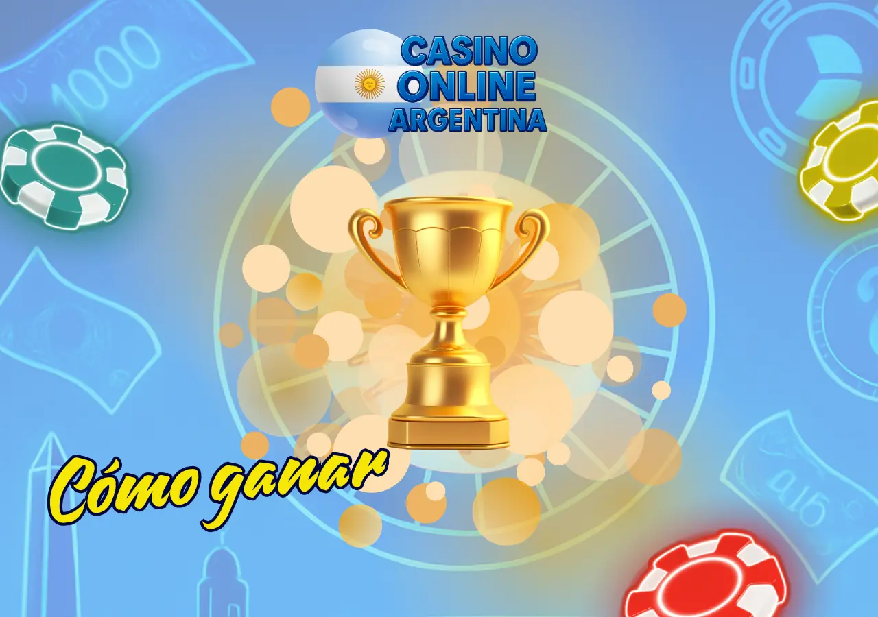 Trofeo dorado con fondo azul y texto Cómo ganar en Casino Online Argentina con estrategias efectivas