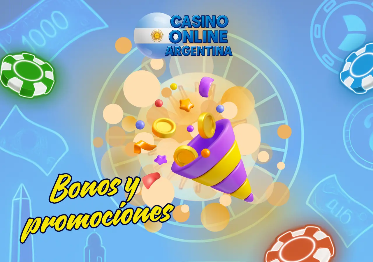 Icono festivo con monedas y confeti destacando los bonos y promociones exclusivas de Casino Online Argentina