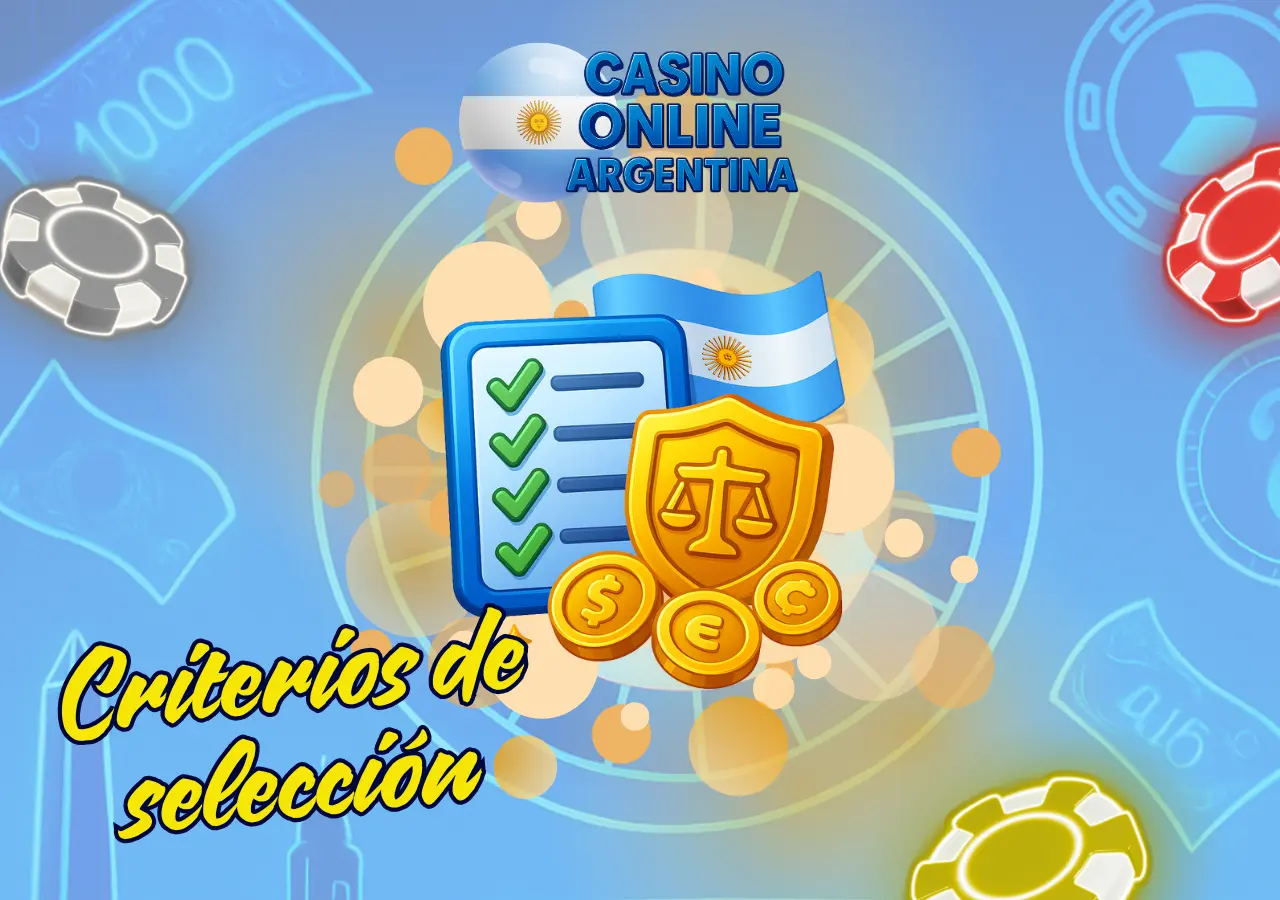 Lista con iconos de verificación, escudo dorado y bandera argentina explicando criterios de selección de casinos